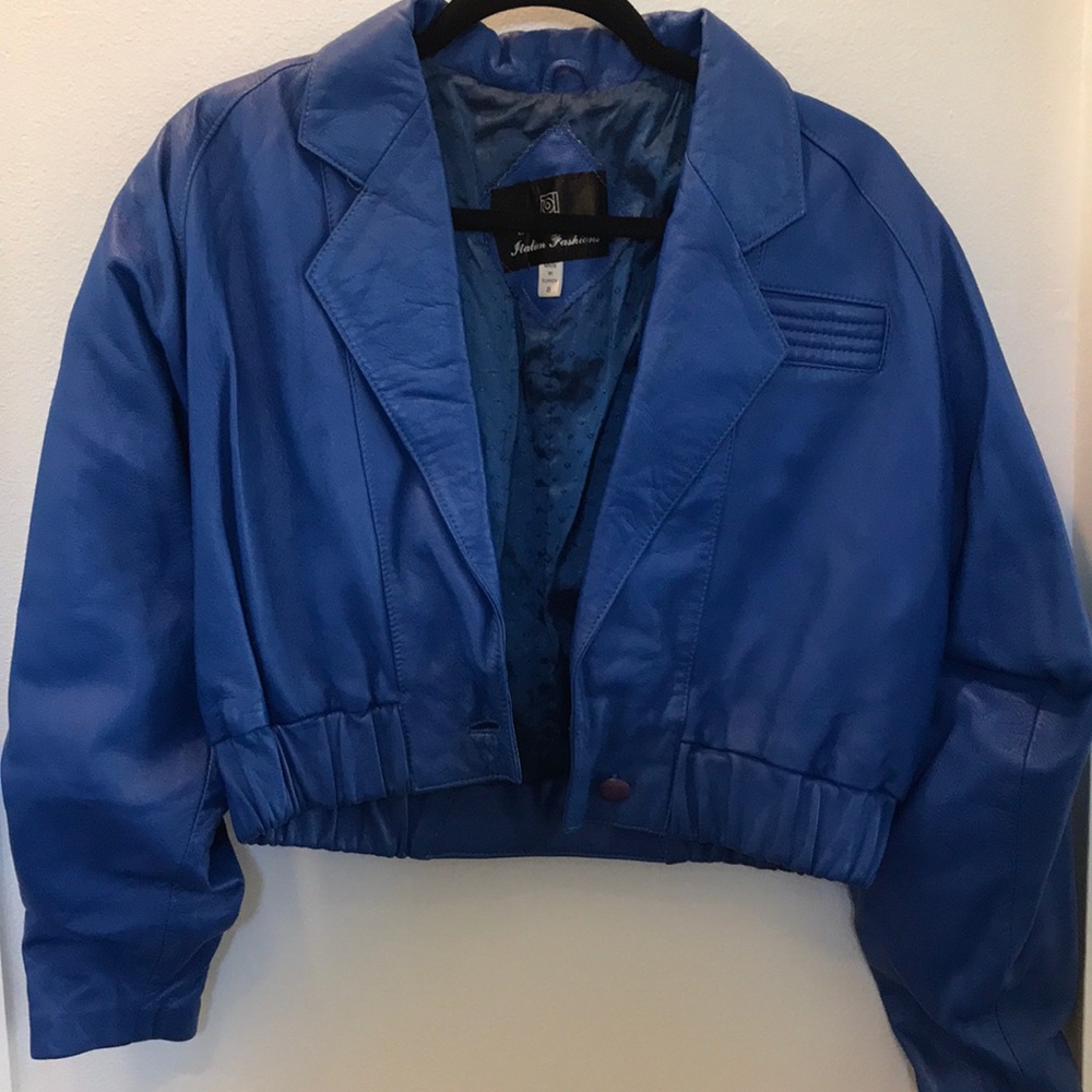 Vintage Blue Leather Cropped Moto Jacket